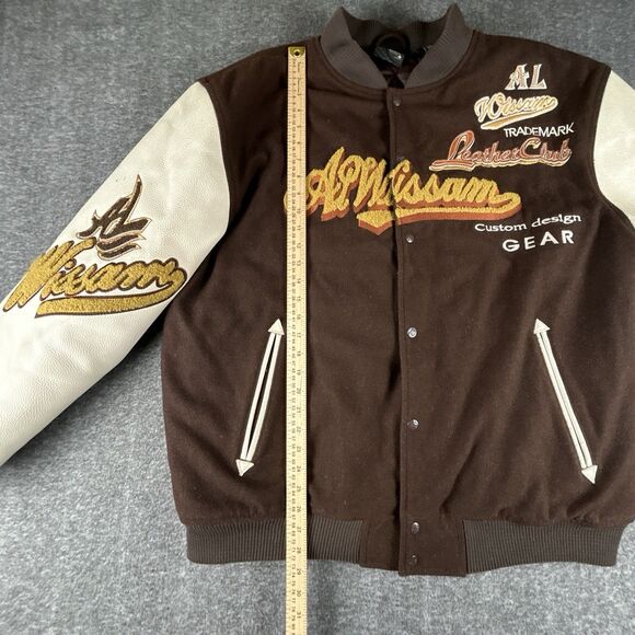 Al Wissam Varsity Bomber Jacket Mens Sz XL Brown Wool Leather Logo 90s Vintage - Picture 9 of 9